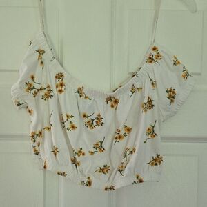 Forever 21 White and Yellow Sunflower Crop Blouse